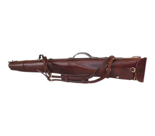 Premium brown leather rifle gun case with adjustable shoulder strap, top carry handle, buckle fastenings, and structured protective design.