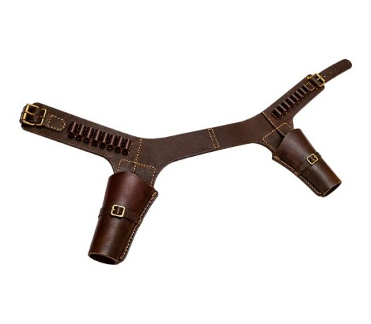 Brown leather dual hip holster belt with twin pistol holsters, cartridge loops, adjustable straps, and brass buckle hardware