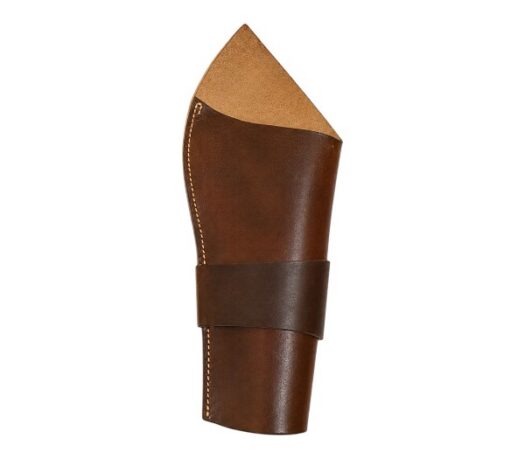 Brown leather pistol cover with open-top design and retention strap, crafted for secure handgun carry and protection