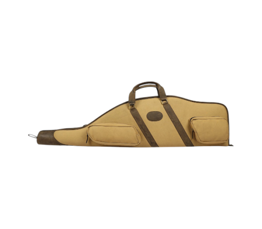 Premium tan canvas rifle case with leather trim, padded lining, and storage pockets
