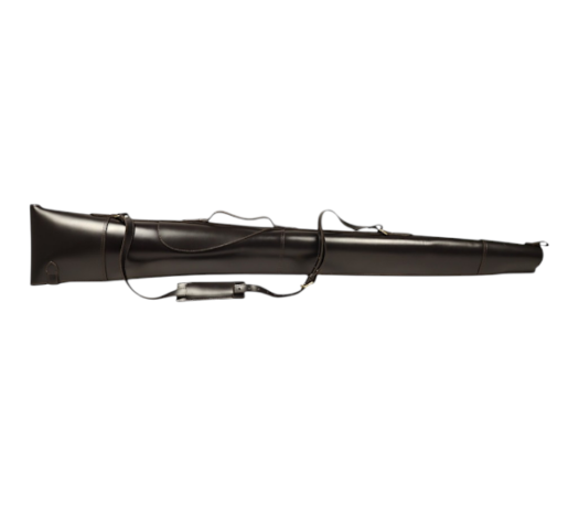 Premium dark brown leather rifle case with padded interior and shoulder strap
