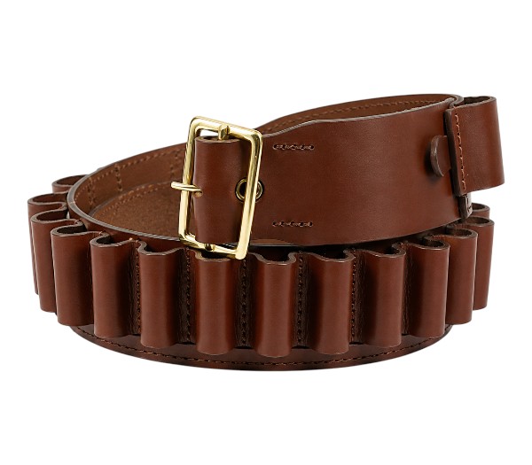 Brown leather cartridge belt with shell loops and brass buckle