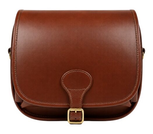 Brown leather cartridge bag with shell holder and buckle closure