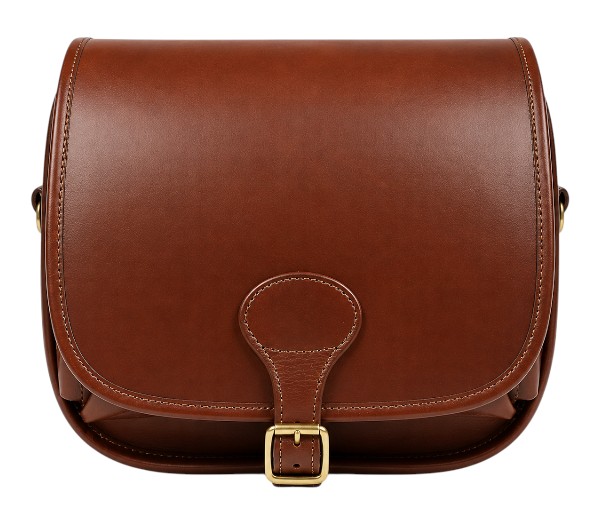 Brown leather cartridge bag with shell holder and buckle closure