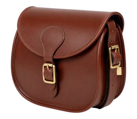 Brown leather cartridge bag with shoulder strap and buckle closure