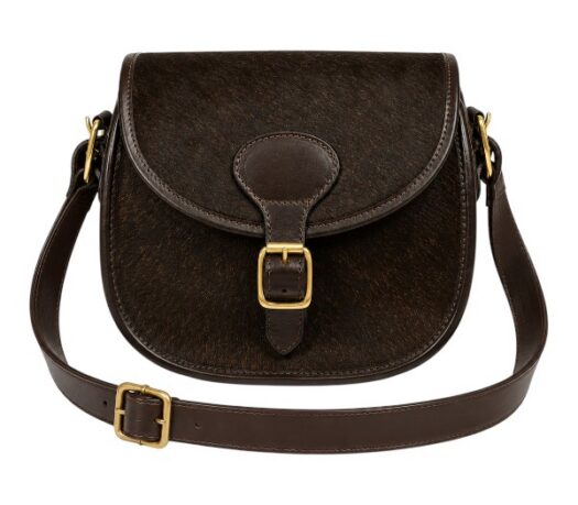 Hair-on leather cartridge bag with shoulder strap and buckle closure