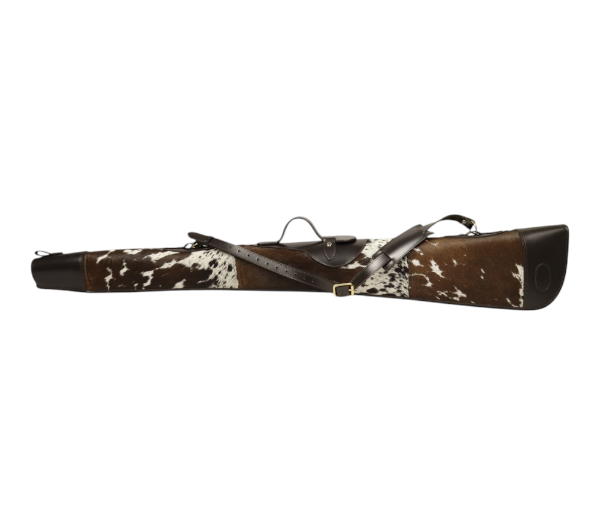 Premium hair-on leather rifle case with padded interior and adjustable shoulder strap
