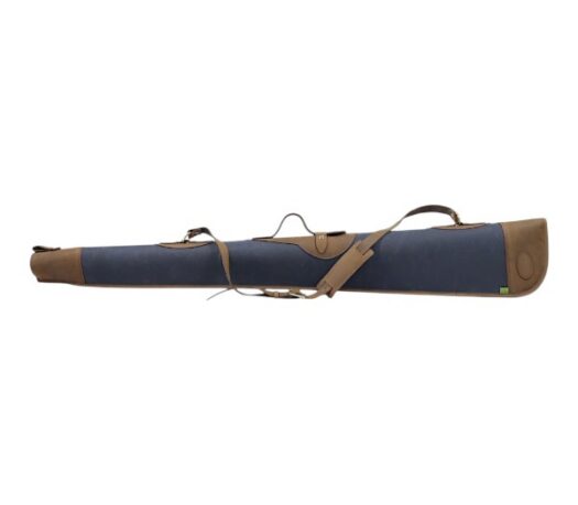 Blue canvas rifle case with brown leather trim, padded interior, shoulder strap, and carry handle