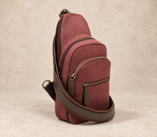 Muted burgundy textile and dark brown leather body bag AIL-BB-0002, shown from a front three-quarter angle