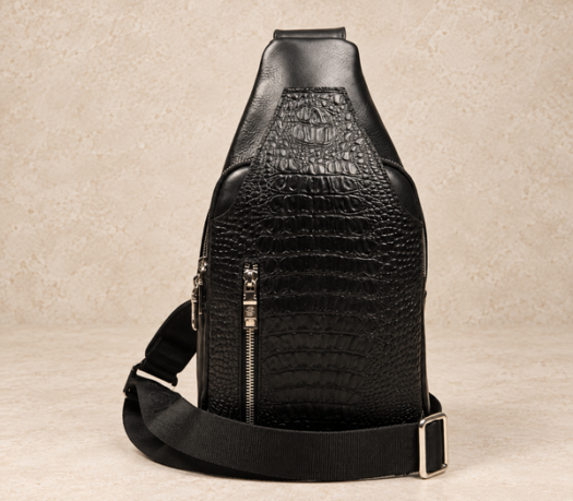 Black leather body bag with crocodile-embossed front panel, AIL-BB-0004, shown from the front