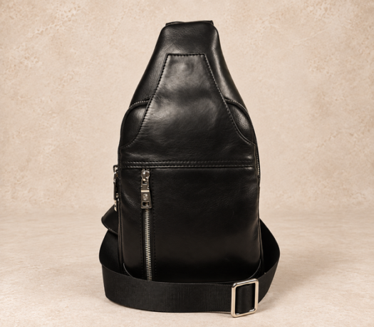 Smooth black leather body bag AIL-BB-0005 with plain webbing strap, shown from the front