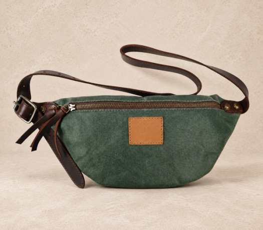 Muted green textile waist body bag with dark brown leather trim, AIL-BB-0006, shown from the front