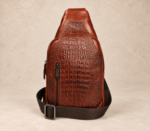 Cognac brown leather body bag with crocodile-embossed front panel, AIL-BB-0008, shown from the front