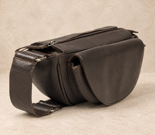 Dark brown pebbled-leather waist body bag AIL-BB-0013, shown from an elevated front three-quarter angle