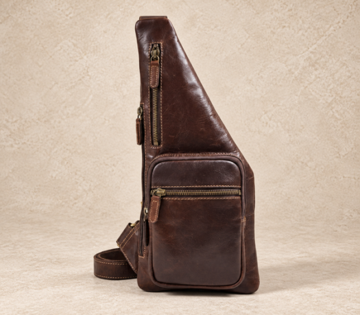 Dark brown distressed-leather sling bag AIL-BB-0037, shown from a front three-quarter angle
