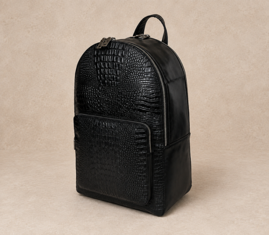 Black leather backpack with crocodile-embossed front panels, AIL-BP-0029, shown from a front three-quarter angle on a warm limestone studio background