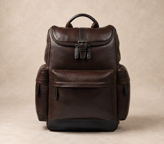 Dark brown leather backpack with black base trim, AIL-BP-0052, shown from the front on a warm limestone studio background