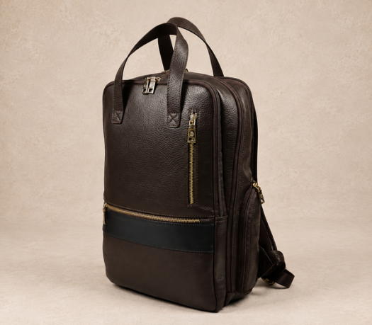Dark brown pebbled leather business backpack with black trim, AIL-BP-0053, shown from a front three-quarter angle on a warm limestone studio background