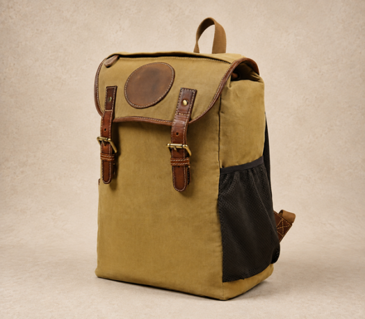 Khaki canvas backpack with brown leather trim and a black mesh side pocket, AIL-BP-0054, shown from a front three-quarter angle on a warm limestone studio background