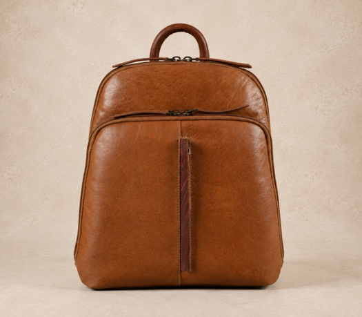 Cognac brown leather backpack AIL-BP-0082, shown from the front on a warm limestone studio background