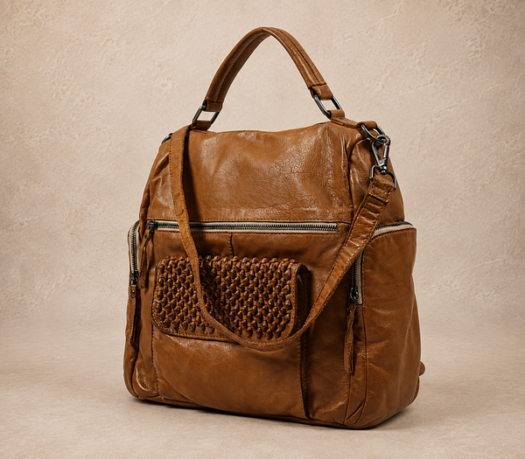 Cognac brown leather backpack with a woven leather front panel, AIL-BP-0089, shown from a front three-quarter angle on a warm limestone studio background