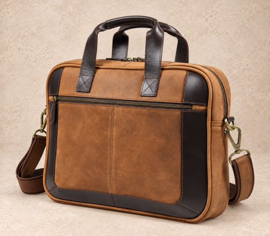Tan and dark brown structured business case AIL-BUB-0004, shown from a front three-quarter angle