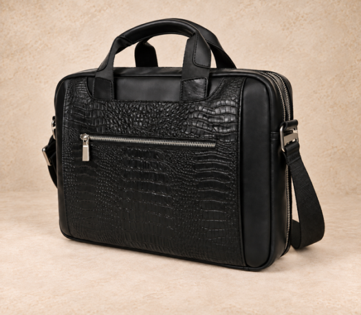 Black crocodile-embossed business bag AIL-BUB-0006, shown from a front three-quarter angle