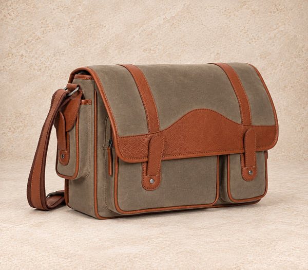 Taupe textile messenger bag with cognac trim AIL-BUB-0012, shown from a front three-quarter angle