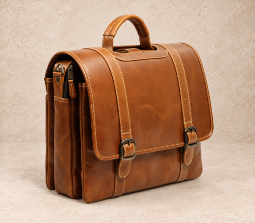 Cognac-coloured double-buckle leather satchel AIL-BUB-0014, shown from a front three-quarter angle