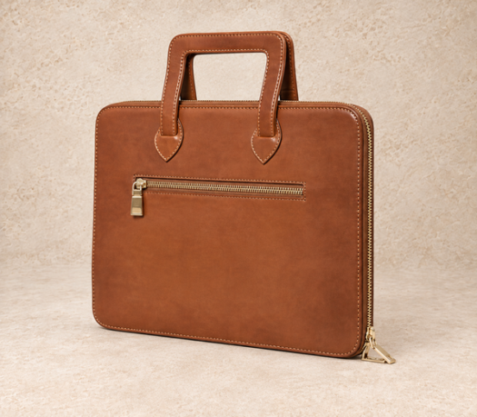 Slim tan document case with cut-out handles AIL-BUB-0020, shown from the front