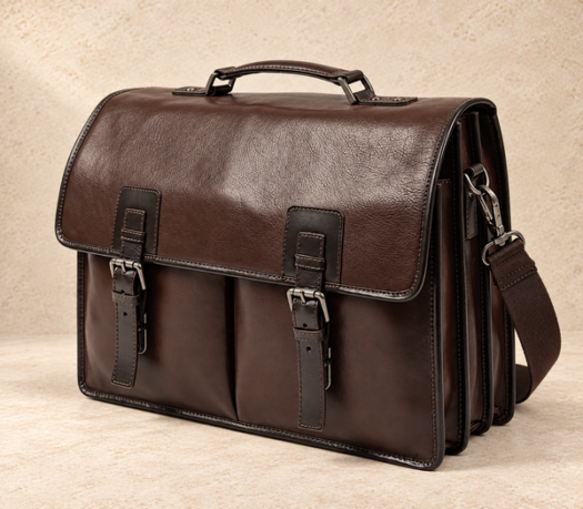 Dark brown buckle-flap business bag AIL-BUB-0025, shown from a front three-quarter angle