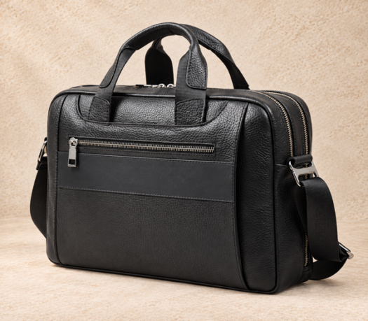 Black double-compartment pebbled business case AIL-BUB-0028, shown from a front three-quarter angle