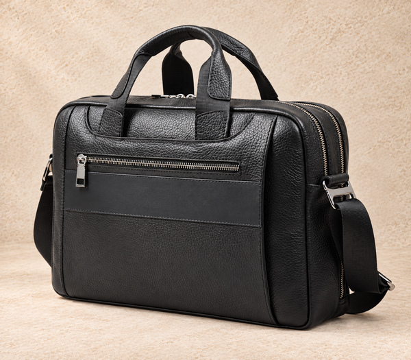 Black double-compartment pebbled business case AIL-BUB-0028, shown from a front three-quarter angle