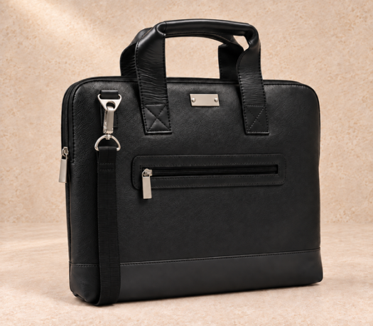 Black pebbled business case with narrow shoulder strap AIL-BUB-0032, shown from the front
