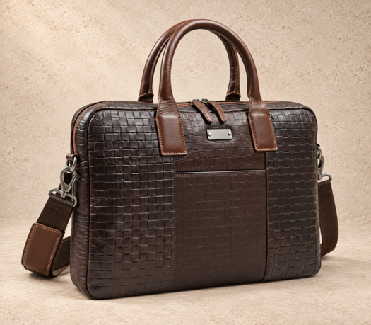 Dark brown woven leather business case AIL-BUB-0037, shown from a front three-quarter angle