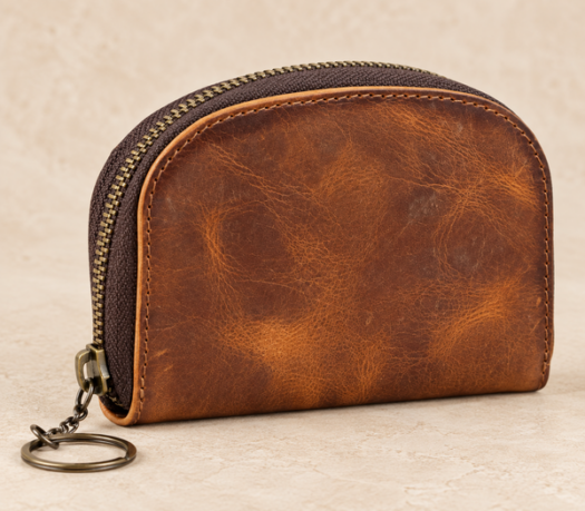 Tan distressed leather semicircular zip coin pouch with keyring AIL-CP-0038, three-quarter view