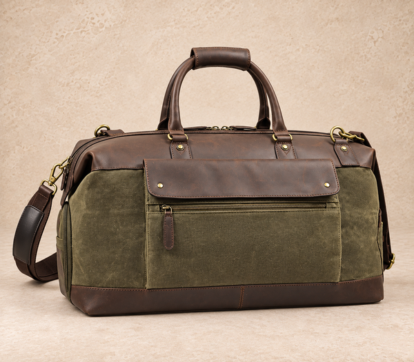 Olive textile and dark brown leather duffle bag AIL-DUB-0008 shown from a front three-quarter angle