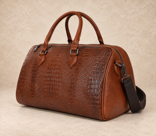 Cognac crocodile-embossed leather duffle bag AIL-DUB-0011 shown from a front three-quarter angle