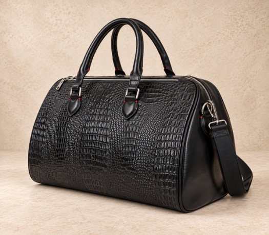 Black crocodile-embossed leather duffle bag AIL-DUB-0012 shown from a front three-quarter angle