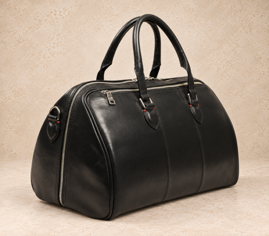Smooth black leather barrel duffle bag AIL-DUB-0013 shown from a front three-quarter angle