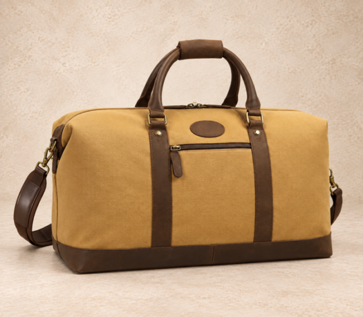 Mustard textile and dark brown leather duffle bag AIL-DUB-0016 shown from a front three-quarter angle