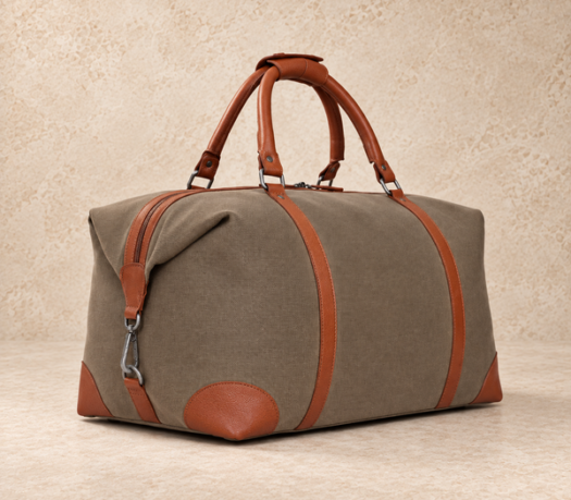 Taupe textile and cognac leather duffle bag AIL-DUB-0019 shown from a front three-quarter angle