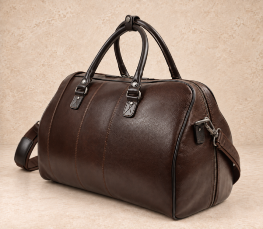 Dark brown leather barrel duffle bag AIL-DUB-0030 shown from a front three-quarter angle