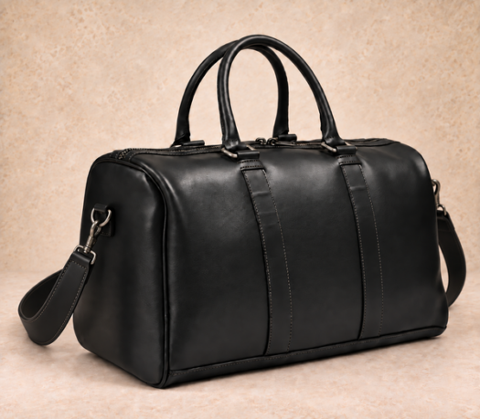 Black structured leather duffle bag with broad shoulder strap AIL-DUB-0039 shown from a front three-quarter angle