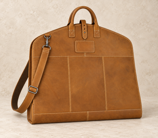 Cognac distressed leather garment carrier AIL-GAB-0001 in a front angled closed view