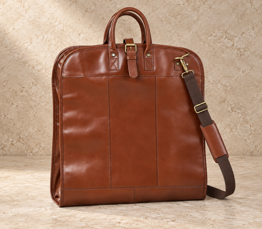 Smooth cognac-brown leather garment bag AIL-GAB-0003 in a front angled closed view