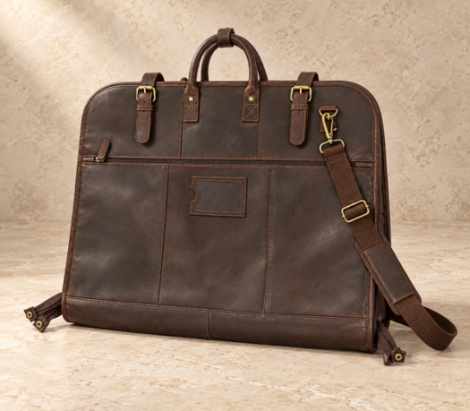 Dark brown distressed leather garment carrier AIL-GAB-0004 in a front angled view with buckle closures