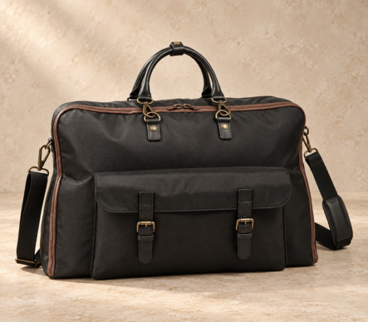 Black textile and brown leather garment carrier AIL-GAB-0005 in a front angled view