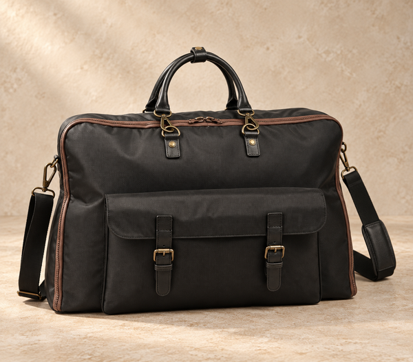 Black textile and brown leather garment carrier AIL-GAB-0005 in a front angled view