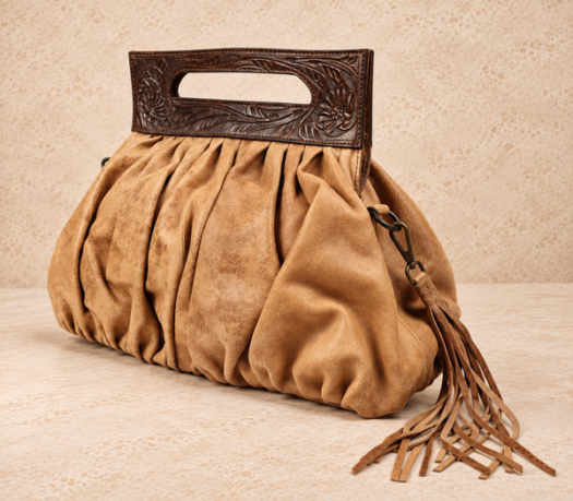 Tan gathered handbag AIL-HB-0012 shown from a front angled view